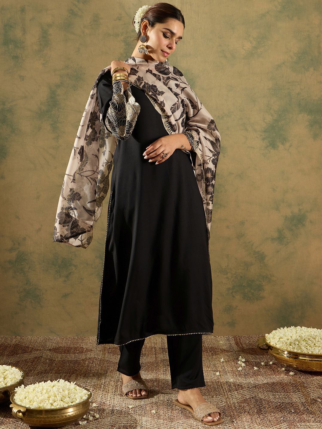 Indo Era Round Neck Straight Kurta With Trousers & Dupatta - Distacart