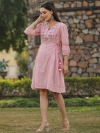 Juniper Women's Pink Cotton Dobby Embroidered Flared Dress - Distacart