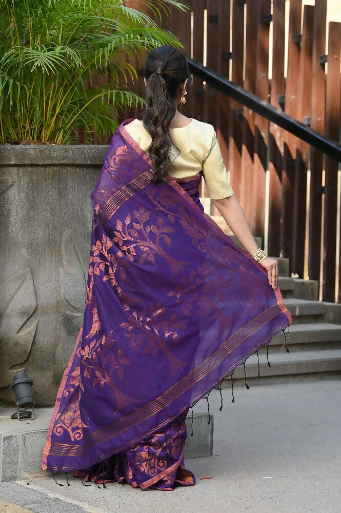 Beatitude Purple Cotton Floral Jamdani Saree