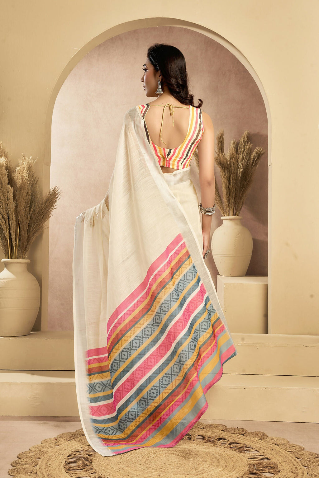 Vastranavya Off White Digital Printed Linen Ready To Wear Pocket Saree with Unstitched Blouse - Distacart