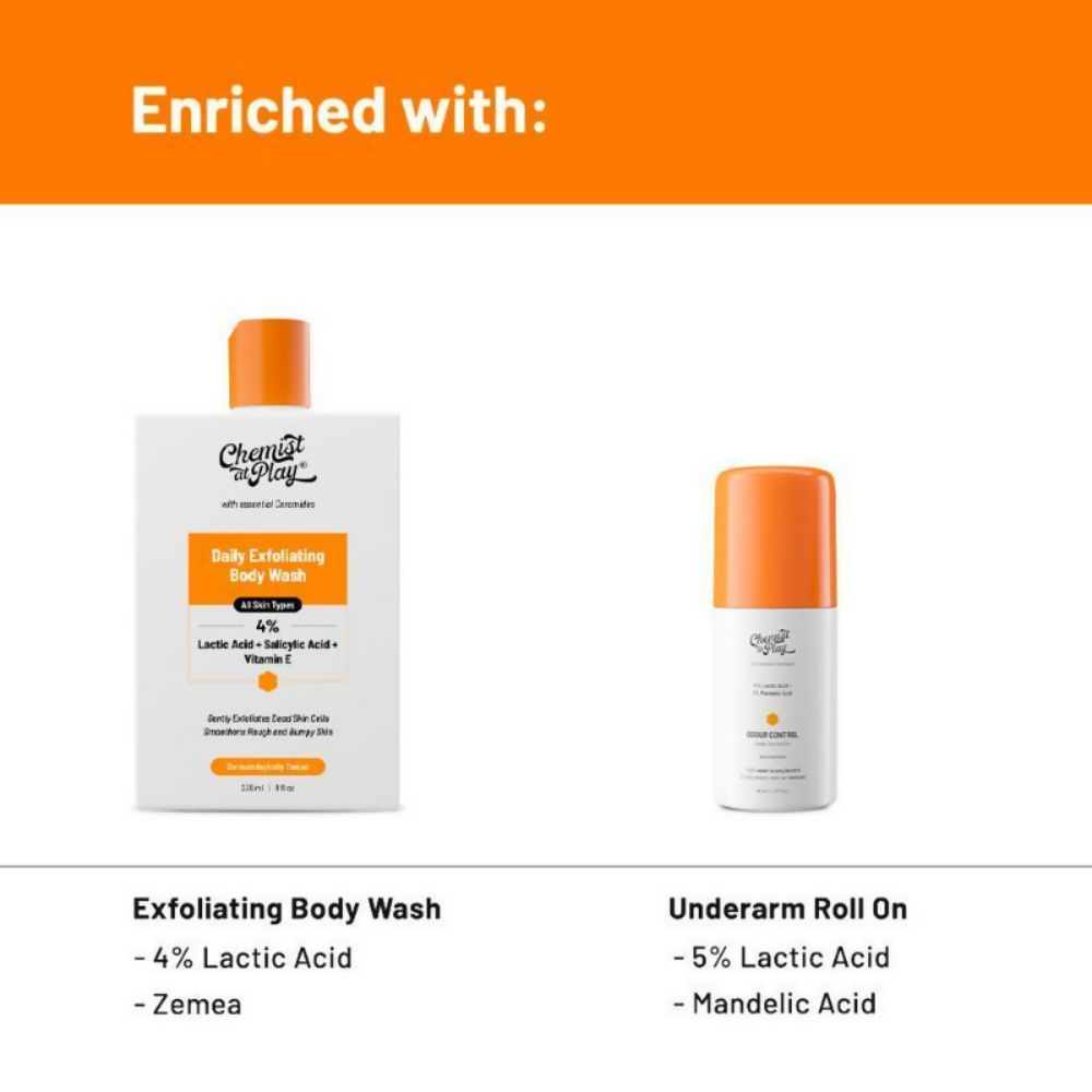 Chemist At Play Lactic Acid Exfoliating Body Wash & AHA Underarm Roll-On Combo - Distacart
