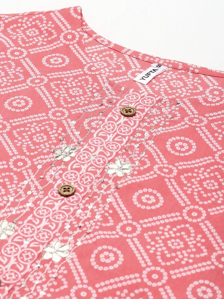 Yufta Women Pink Printed Regular Pure Cotton Kurta with Palazzo and Dupatta