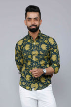 Miravan Men's Cotton Printed Full Sleeve Slim Fit Spread Neck Green Shirt