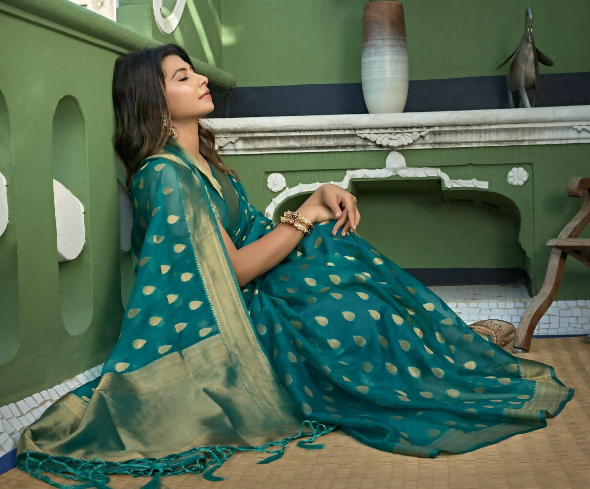 Delightful Designer Turquoise Color Organza Silk Saree With Weaving Work - Yomika Fashions