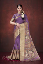 Purple Poly Habotai Silk Foil Print Saree with Unstitched Blouse - Kathari