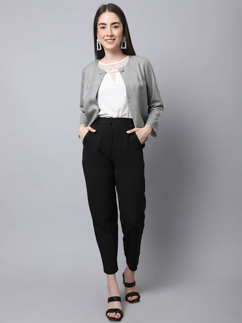 Even Apparels Grey Polywool Open Front Statement Women's Jacket (BF662)