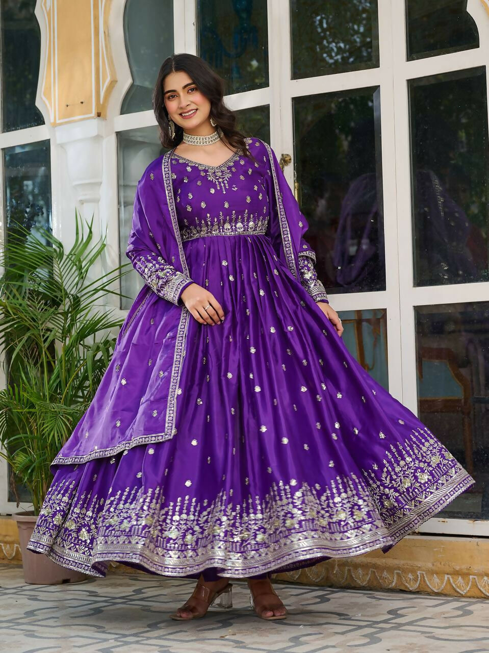 The52 Women's Beautiful American Silk Fabric Embroidery Work Flared Anarkali Pant and Dupatta Set - Distacart