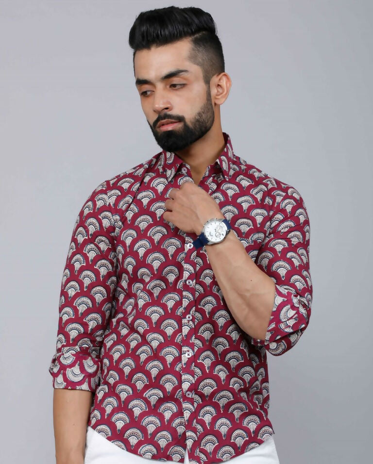 Miravan Men's Cotton Maroon Floral Printed Slim Fit Shirt