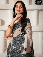 Shree Shyam Fashion Linen Cotton Black & Cream Saree - Distacart