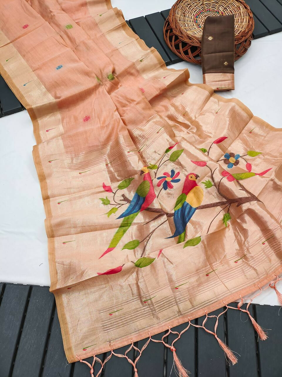 Vastranavya Peach Muga Cotton Meenakari & Munia Weaving Pallu Saree with Contrast Blouse - Distacart