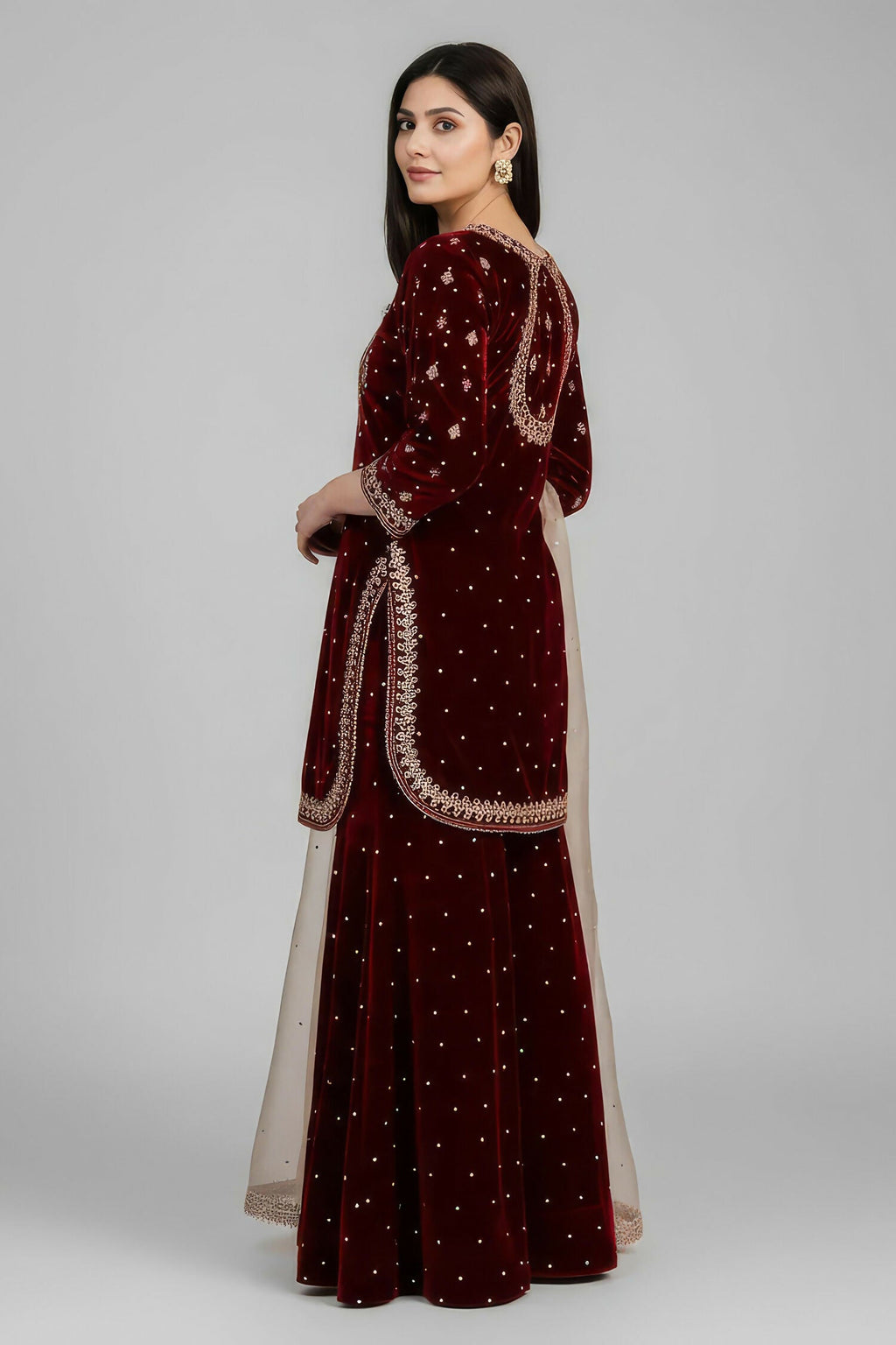Joban Fashion Deep Maroon Velvet Embroidery Kurta Set - Distacart