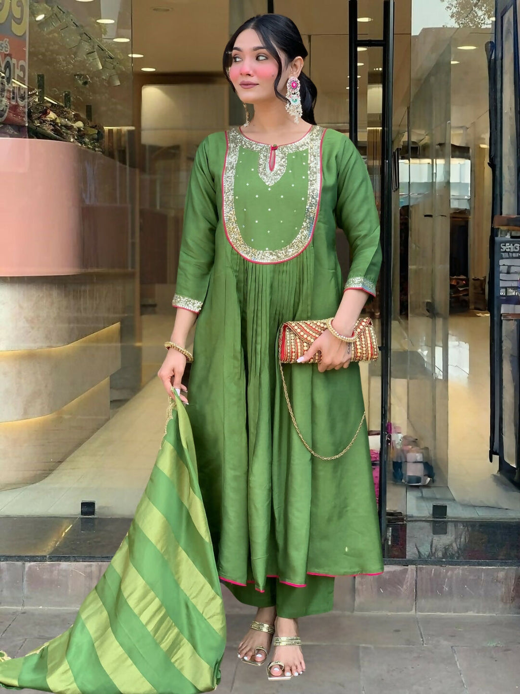 The52 Light Green Women's Gorgeous Embroidered Work Chanderi Fabric Flared Kurta Pant and Dupatta Set - Distacart