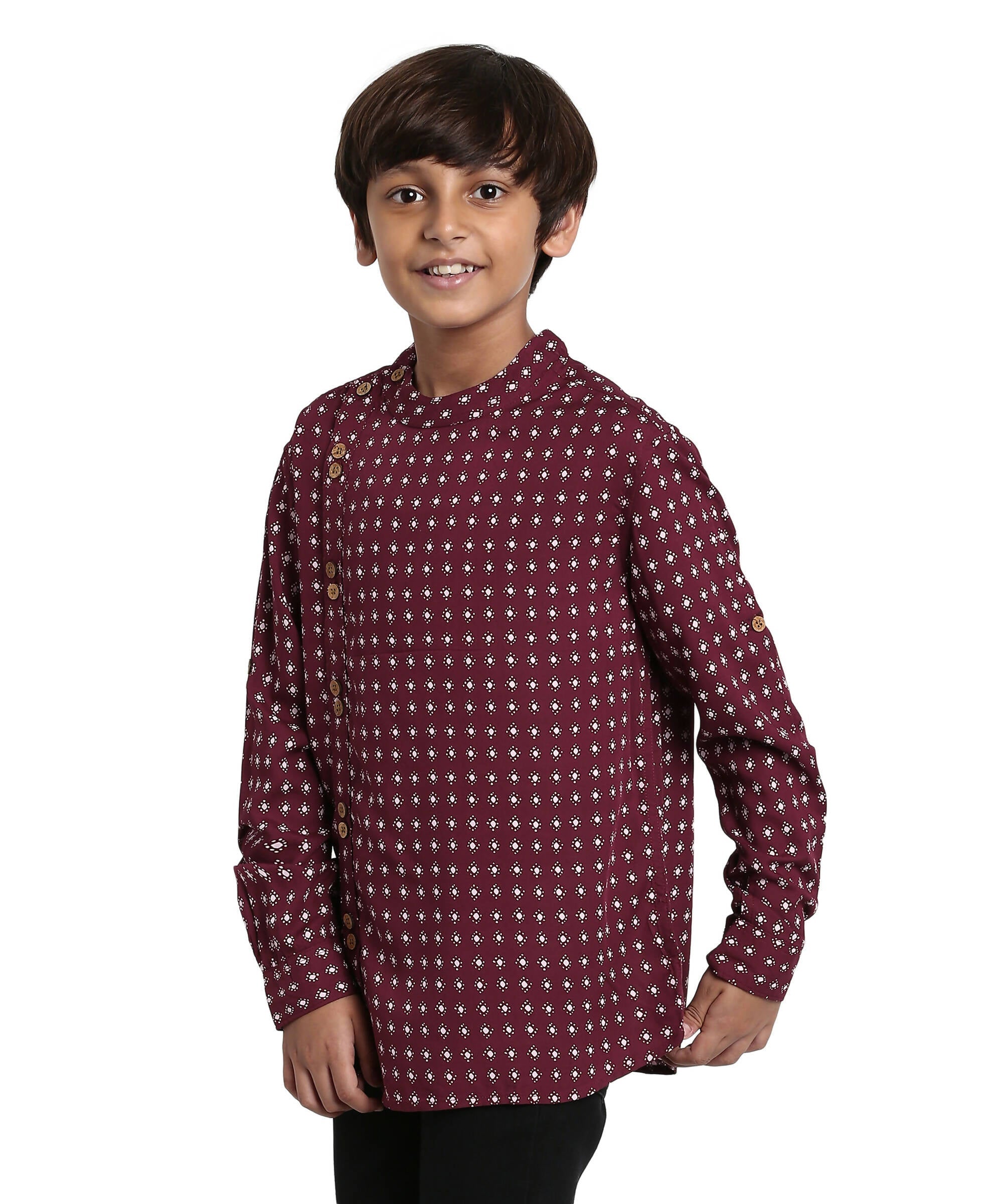 Manet Boys Full Sleeves Dot Printed Ethnic Shirt - Maroon