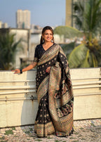 Black Pashmina Silk Wevon Kashmiri Meenakari Designer Saree with Unstitched Blouse - Vandini
