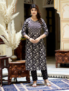 Miravan Women's Embroidered Kurta In Sweet-Heart Neck With Black Straight Palazzo