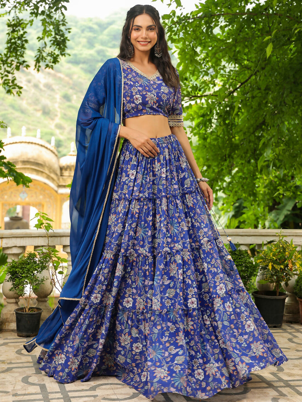 Janasya Blue Georgette Floral Lehenga Choli Dupatta