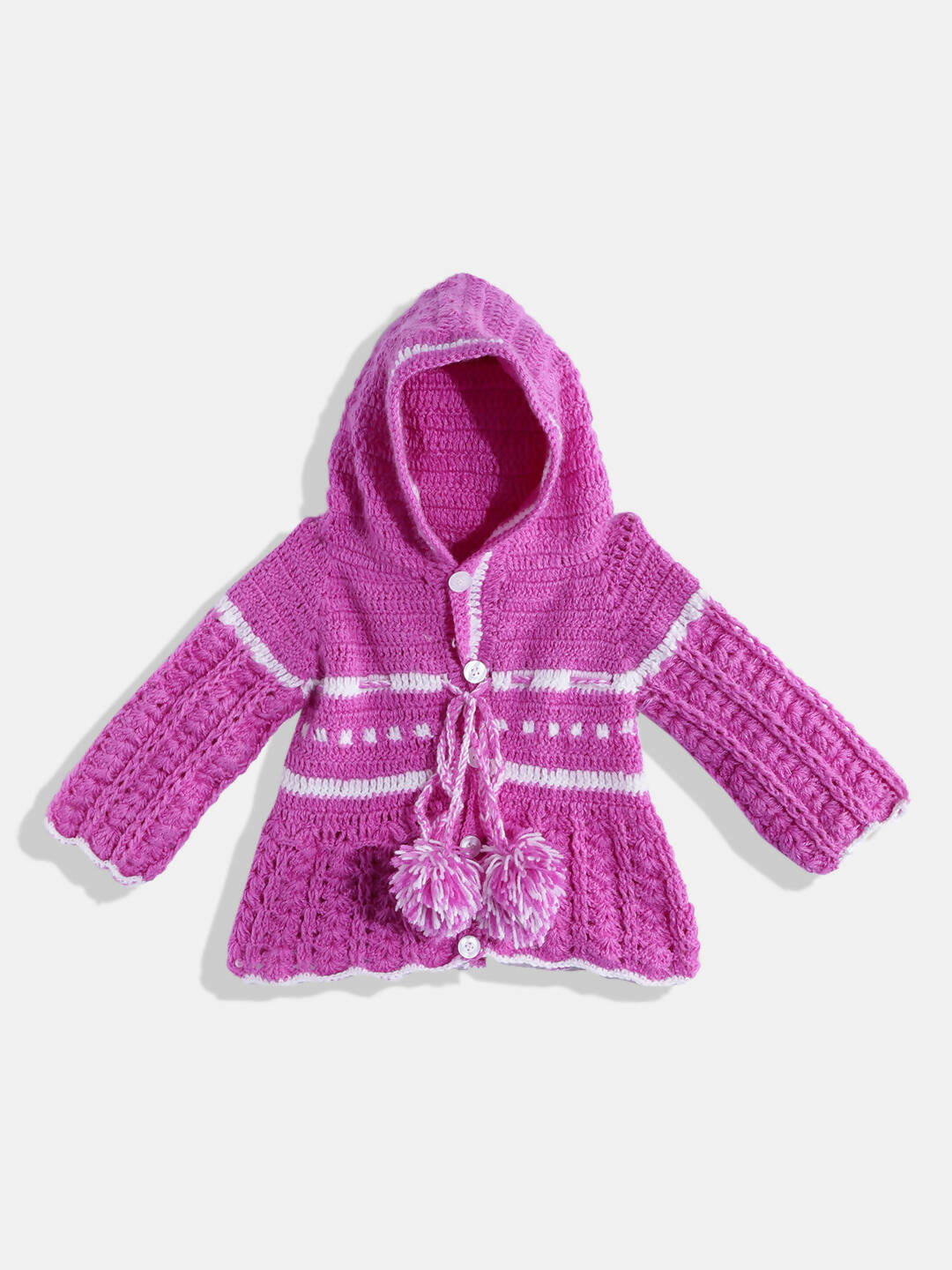 Chutput Kids Woollen Hand Knitted Full Sleeves Self Design Hood Detail Dress For Baby Girls - Purple