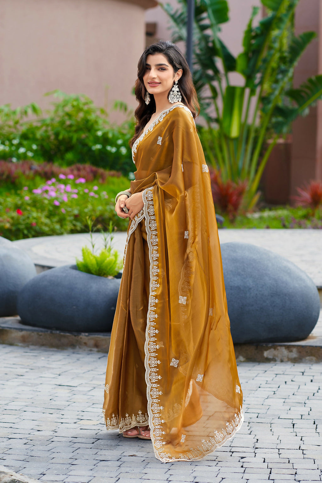 Vastranavya Brown Embroidery Work Shimmer Chiffon Saree with Unstitched Blouse - Distacart
