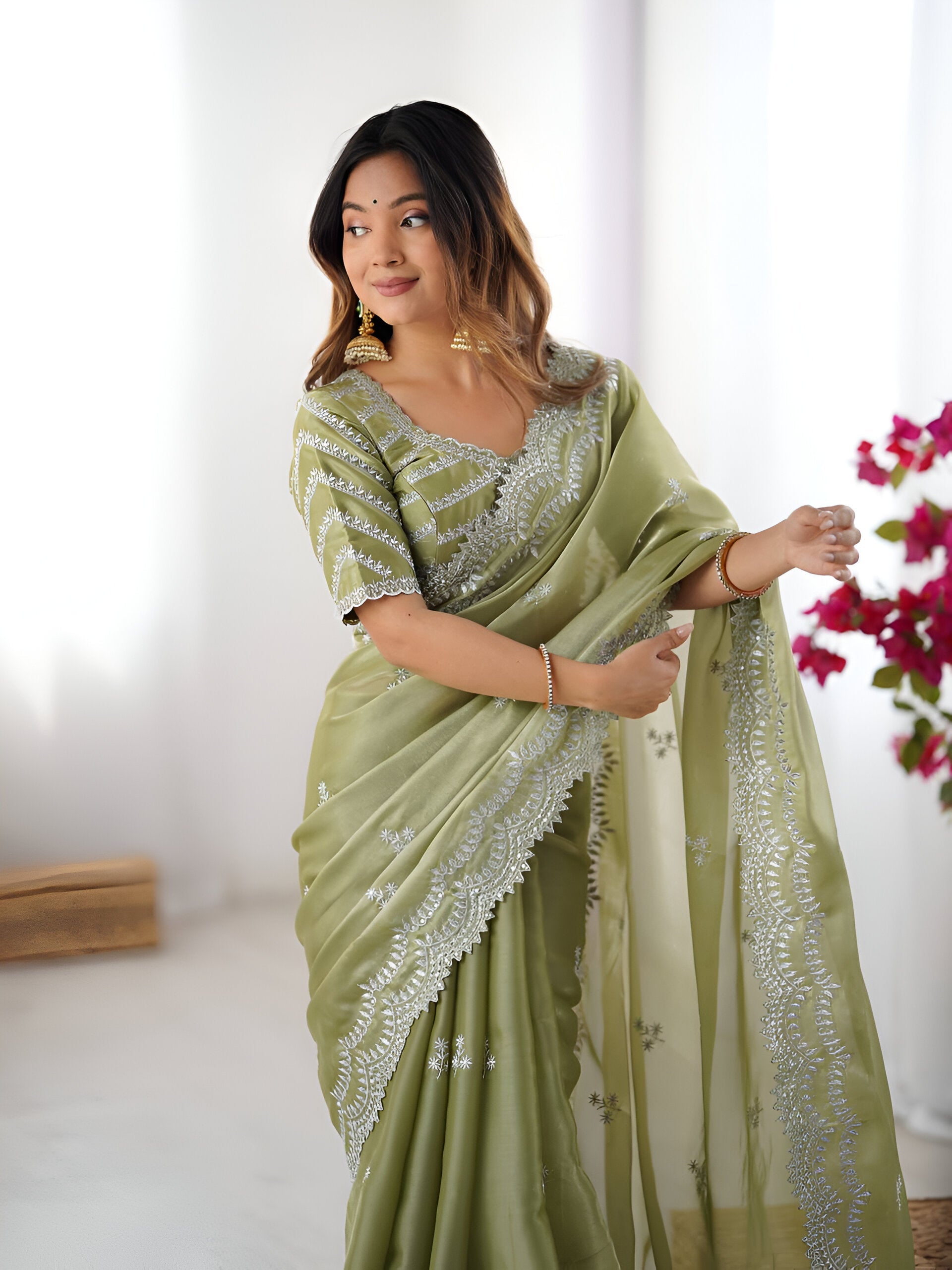 Lehenga Mart Party Wear saree for women - Olive green