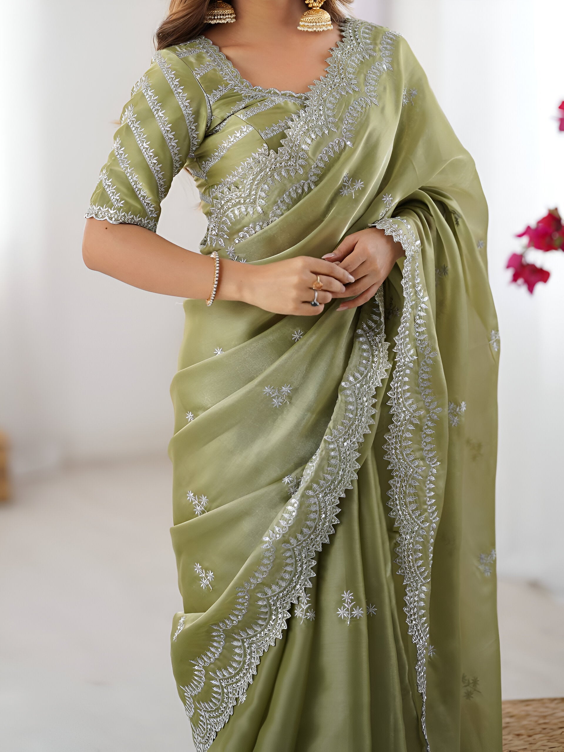 Lehenga Mart Party Wear saree for women - Olive green