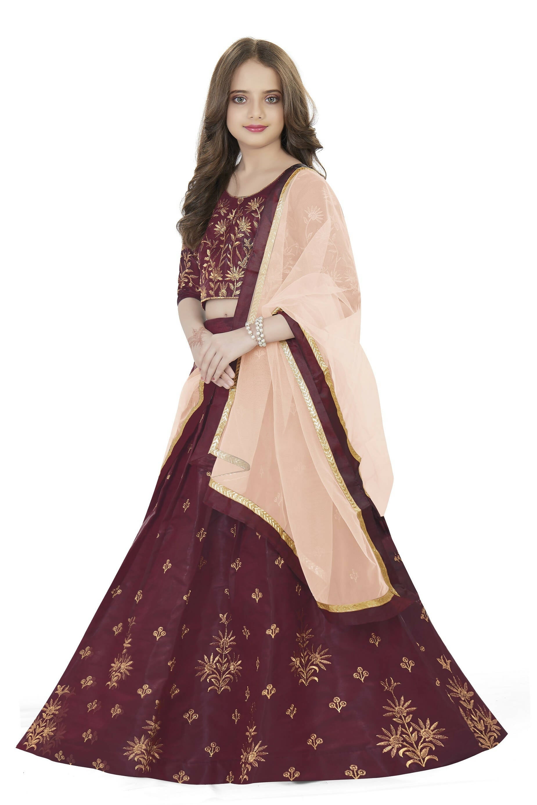 Dwiden Maroon Rohini Tafetta Sattin Semi-Stitched Girl's Lehenga Choli