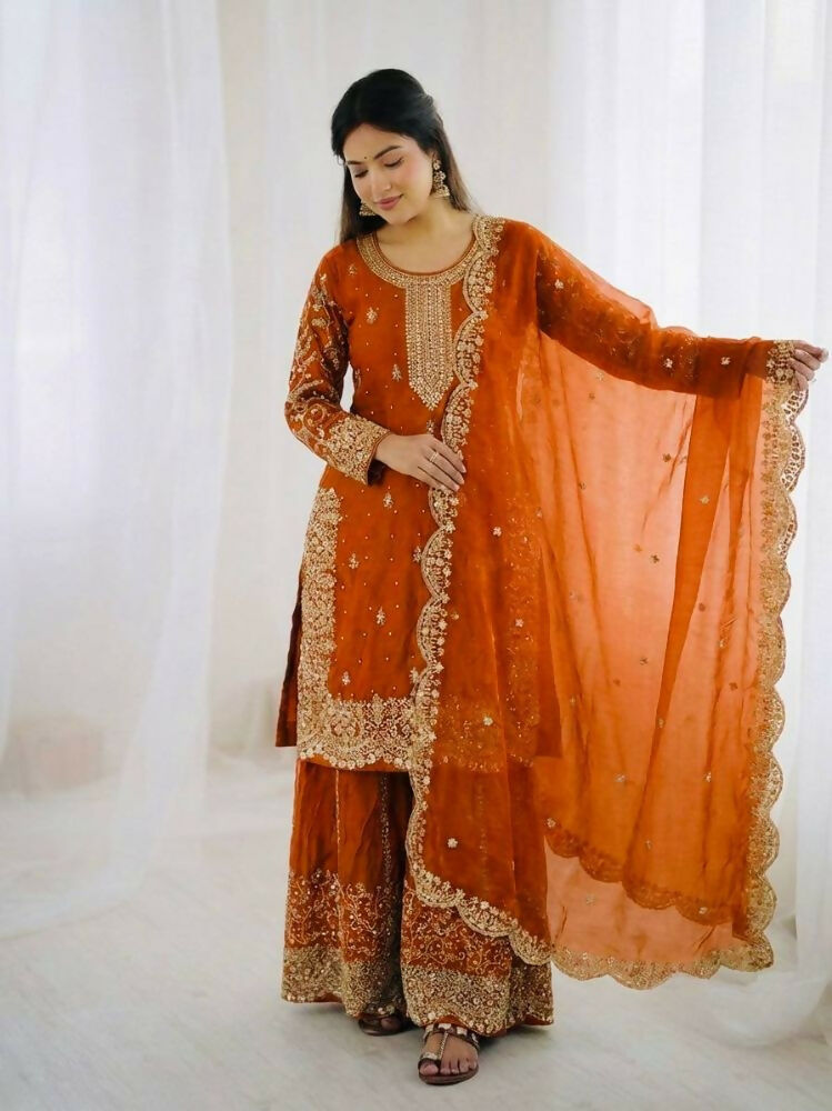 Teeya Creation Orange Color Fendy Silk Embroidery Work Wedding Wear Salwar Suit - Distacart