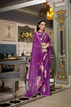 Vastranavya Purple Spectacular Georgette Printed with Pearl Lace Saree with Unstitched Blouse - Distacart