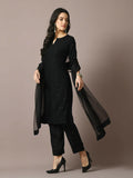 Myshka Women's Black Embroidered Cotton Straight Party Kurta Set With Dupatta