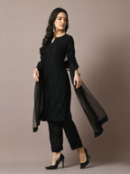 Myshka Women's Black Embroidered Cotton Straight Party Kurta Set With Dupatta