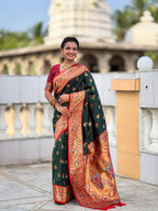 Vedant Vastram Soft Litchi Silk Paithani Jacquard Saree - Green