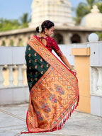 Vedant Vastram Soft Litchi Silk Paithani Jacquard Saree - Green