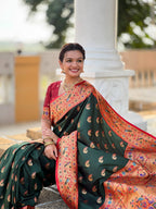 Vedant Vastram Soft Litchi Silk Paithani Jacquard Saree - Green