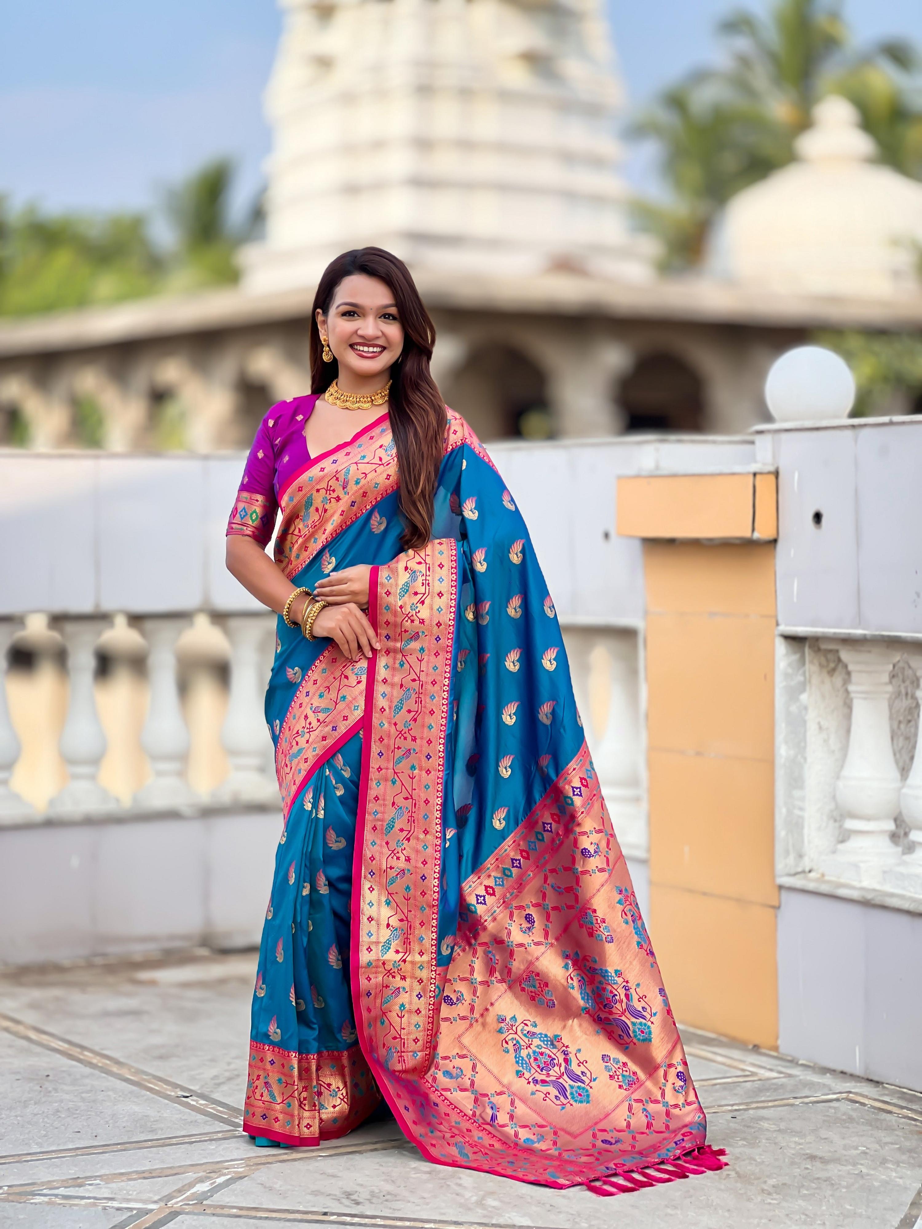 Vedant Vastram Soft Litchi Silk Paithani Jacquard Saree - Firozi
