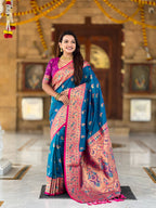 Vedant Vastram Soft Litchi Silk Paithani Jacquard Saree - Firozi