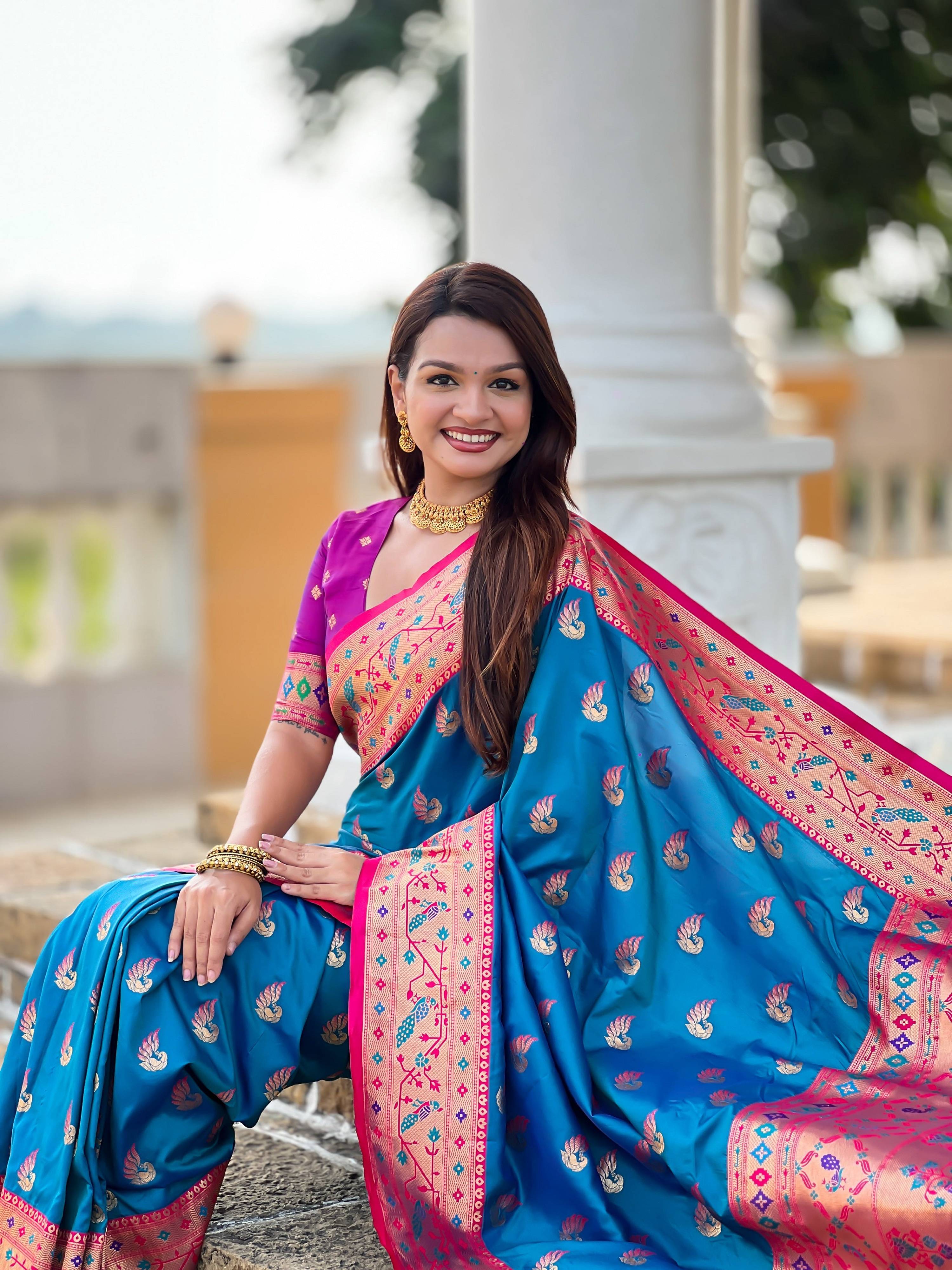Vedant Vastram Soft Litchi Silk Paithani Jacquard Saree - Firozi