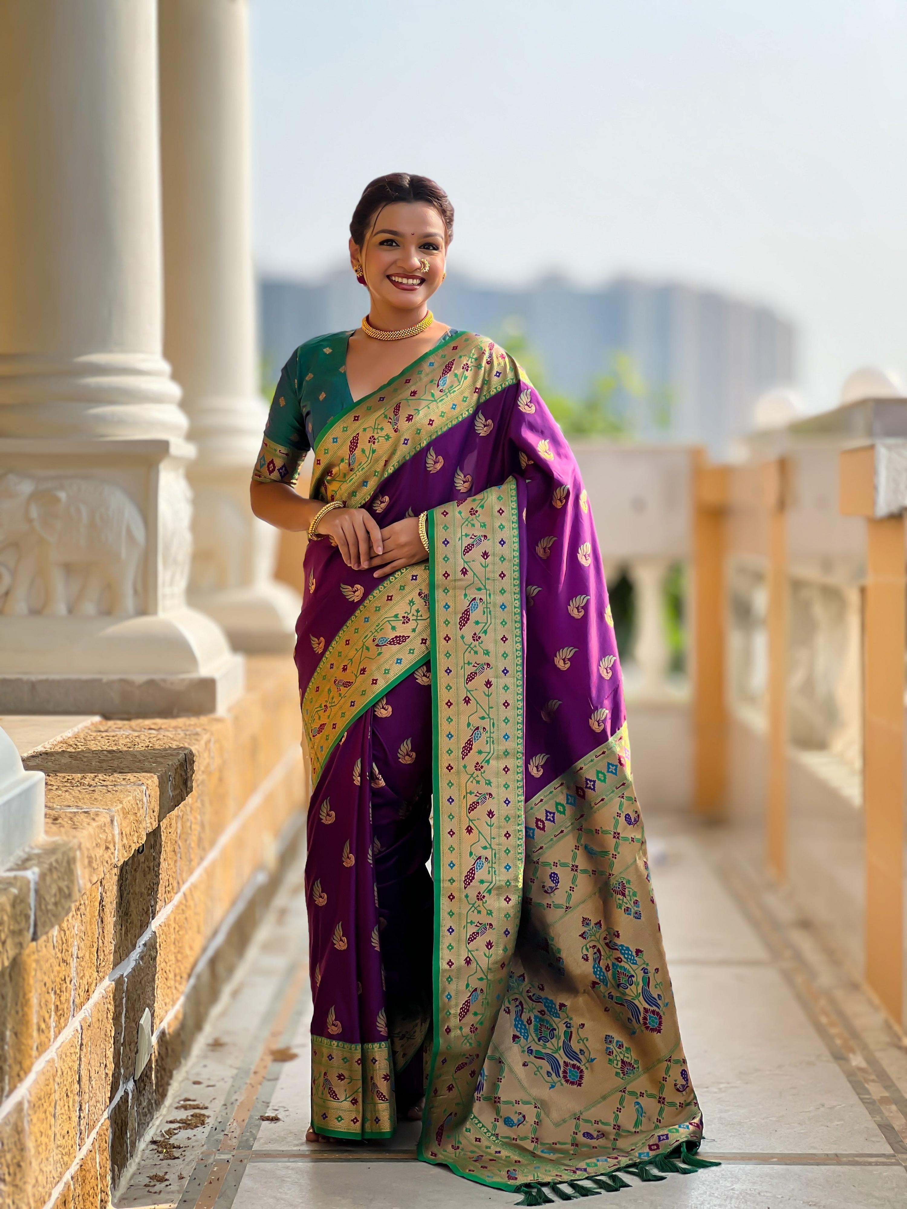 Vedant Vastram Soft Litchi Silk Paithani Jacquard Saree - Purple