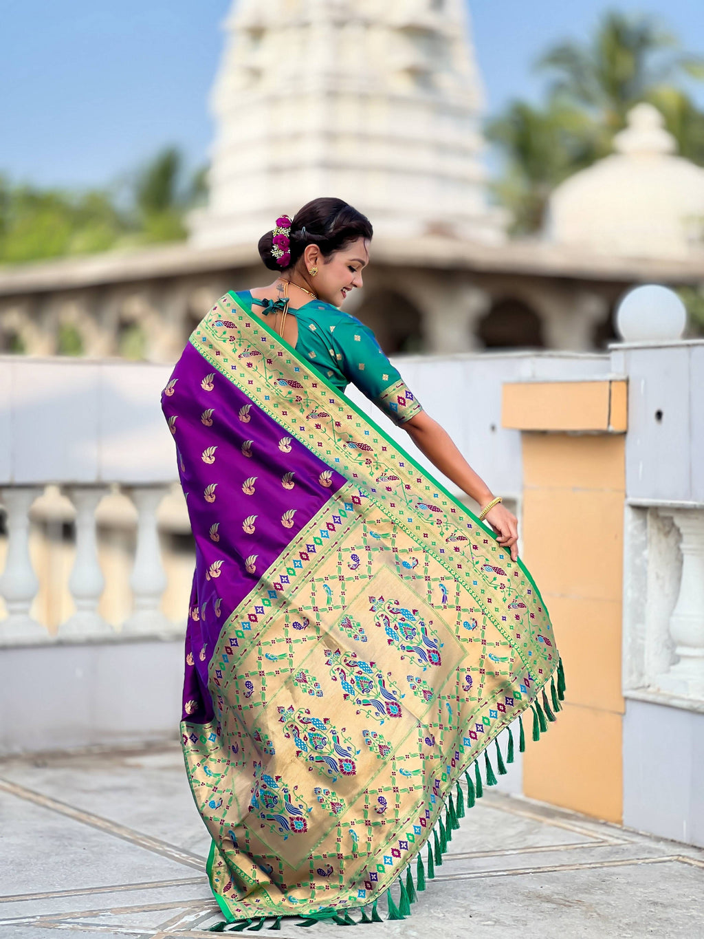 Vedant Vastram Soft Litchi Silk Paithani Jacquard Saree - Purple