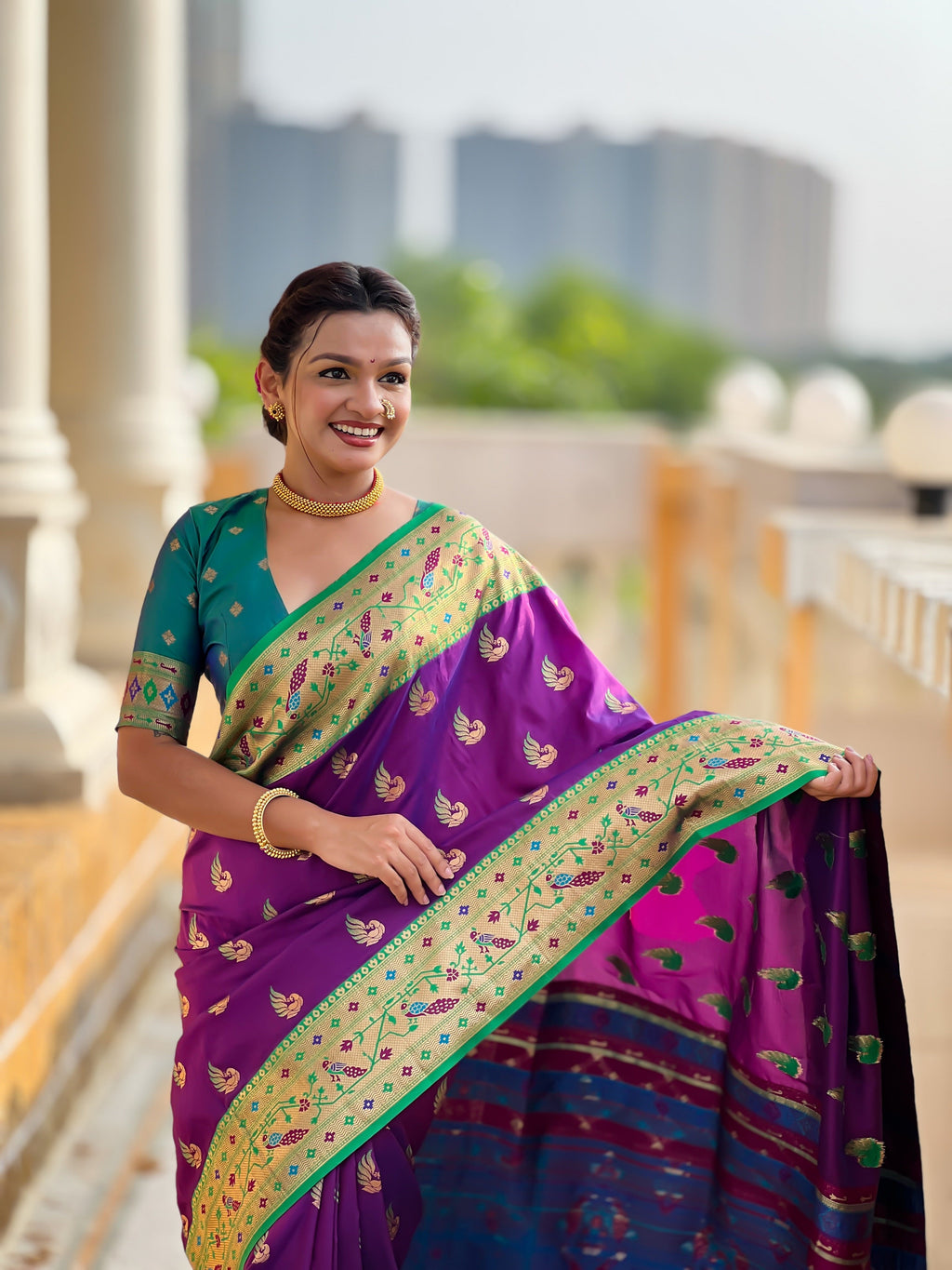 Vedant Vastram Soft Litchi Silk Paithani Jacquard Saree - Purple