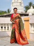 Vedant Vastram Soft Litchi Silk Paithani Jacquard Saree - Mahendi