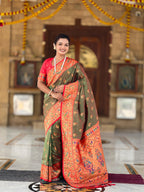 Vedant Vastram Soft Litchi Silk Paithani Jacquard Saree - Mahendi