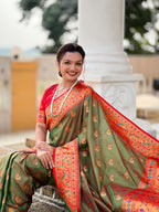 Vedant Vastram Soft Litchi Silk Paithani Jacquard Saree - Mahendi