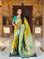 Vedant Vastram Soft Litchi Silk Paithani Jacquard Saree - Olive