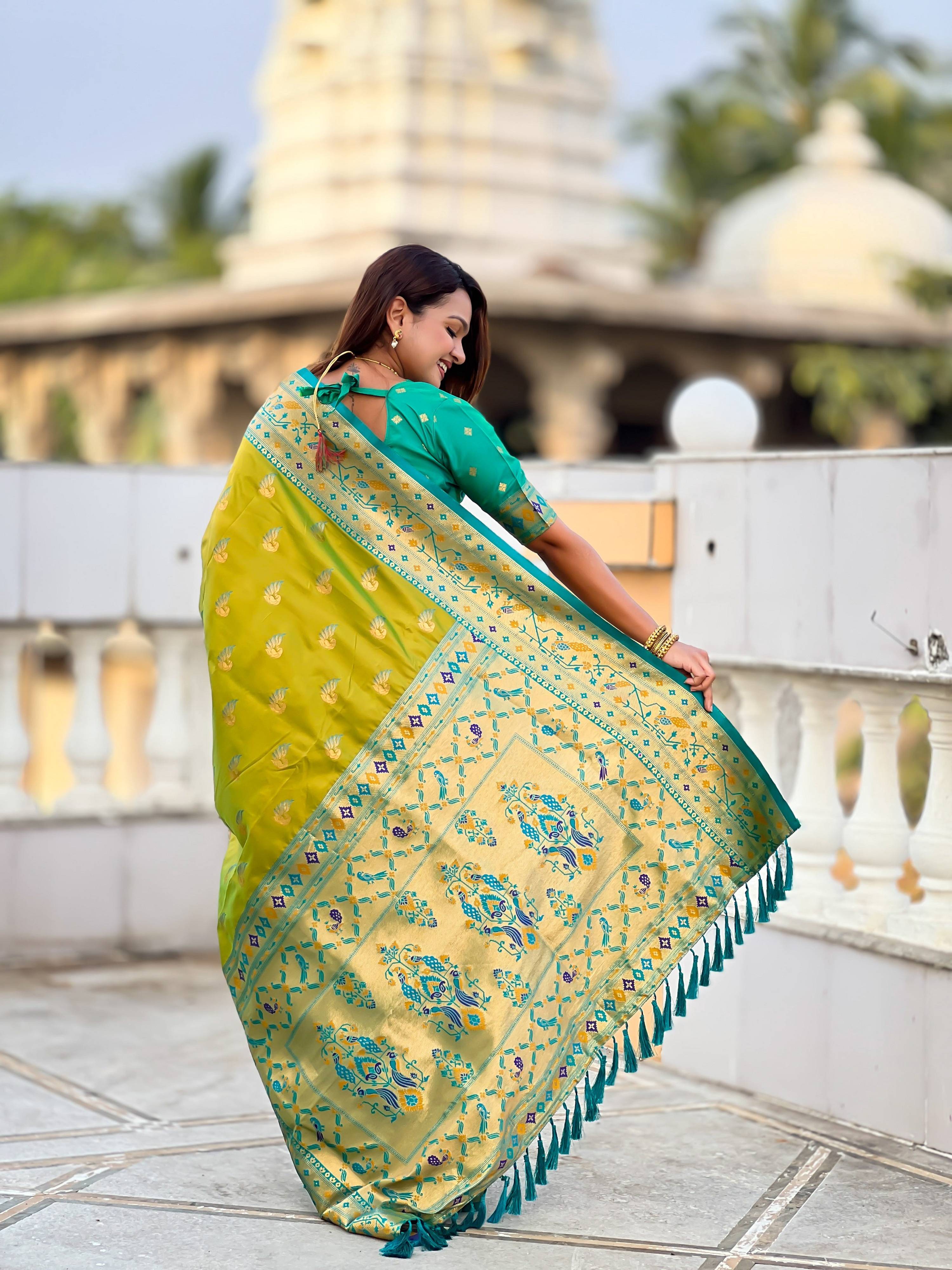 Vedant Vastram Soft Litchi Silk Paithani Jacquard Saree - Olive