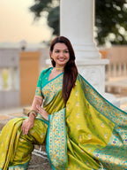 Vedant Vastram Soft Litchi Silk Paithani Jacquard Saree - Olive