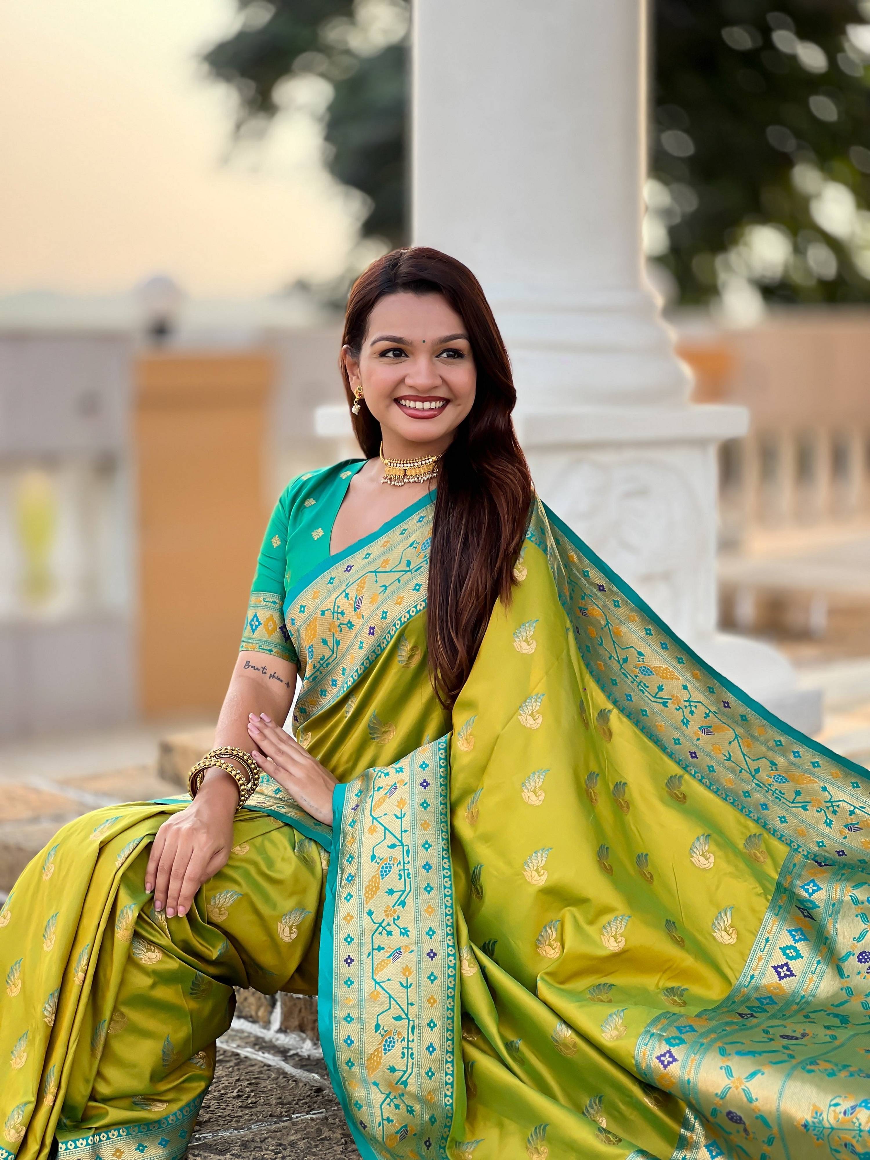 Vedant Vastram Soft Litchi Silk Paithani Jacquard Saree - Olive