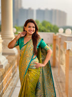 Vedant Vastram Soft Litchi Silk Paithani Jacquard Saree - Olive