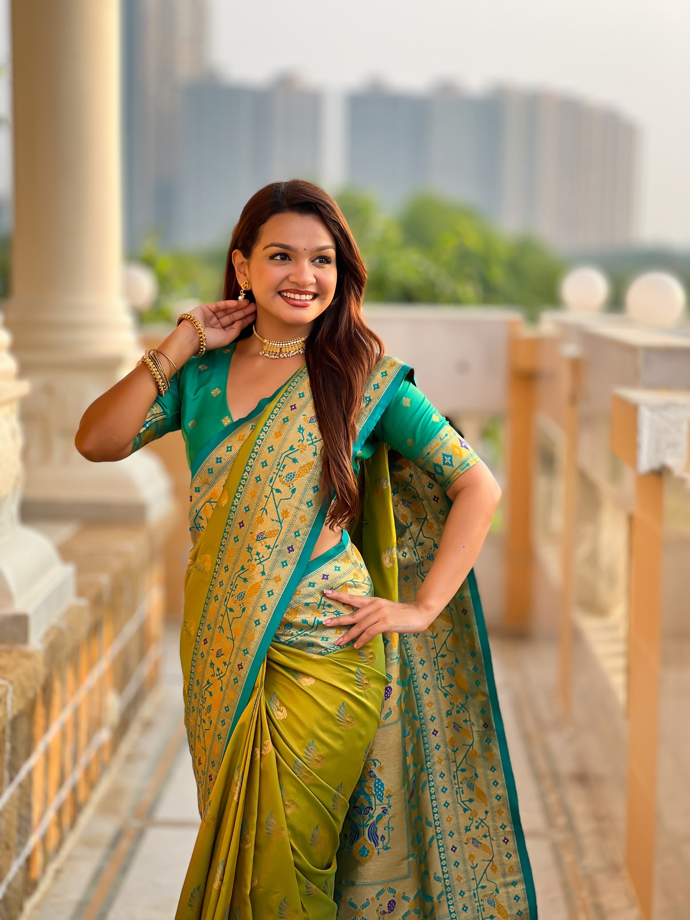 Vedant Vastram Soft Litchi Silk Paithani Jacquard Saree - Olive