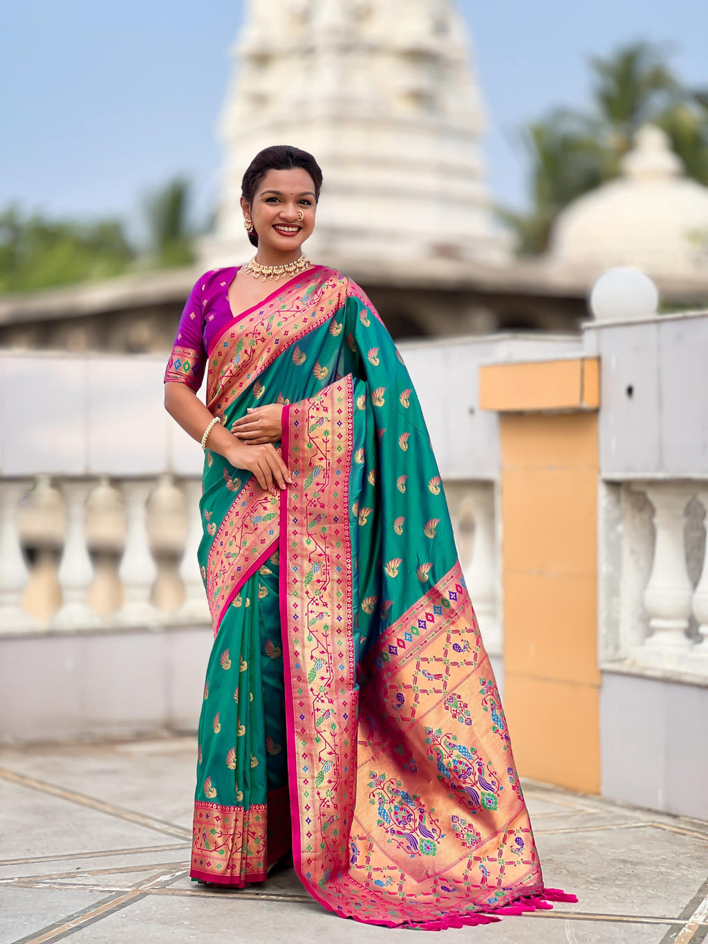 Vedant Vastram Soft Litchi Silk Paithani Jacquard Saree - Rama