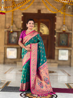 Vedant Vastram Soft Litchi Silk Paithani Jacquard Saree - Rama