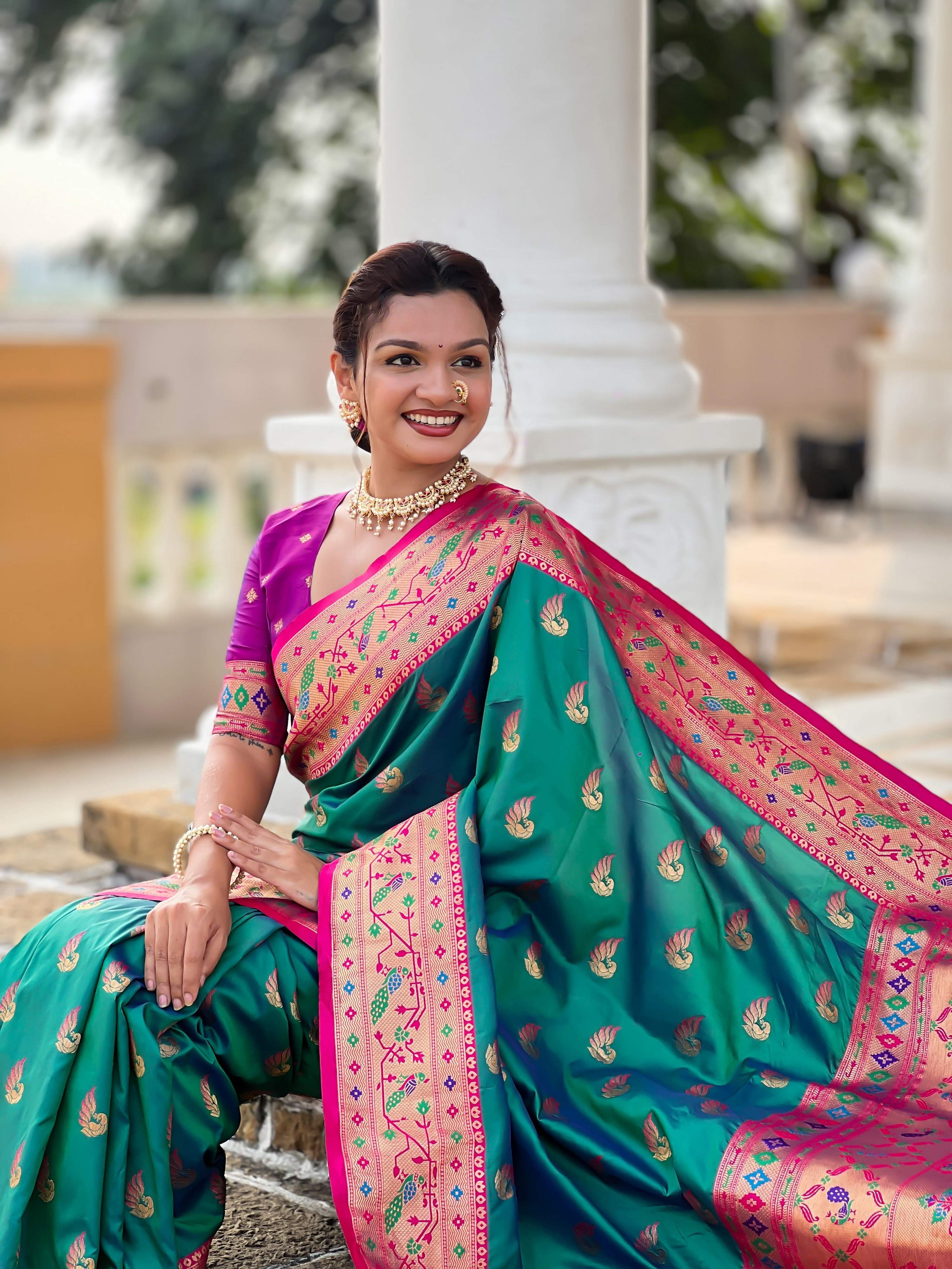 Vedant Vastram Soft Litchi Silk Paithani Jacquard Saree - Rama